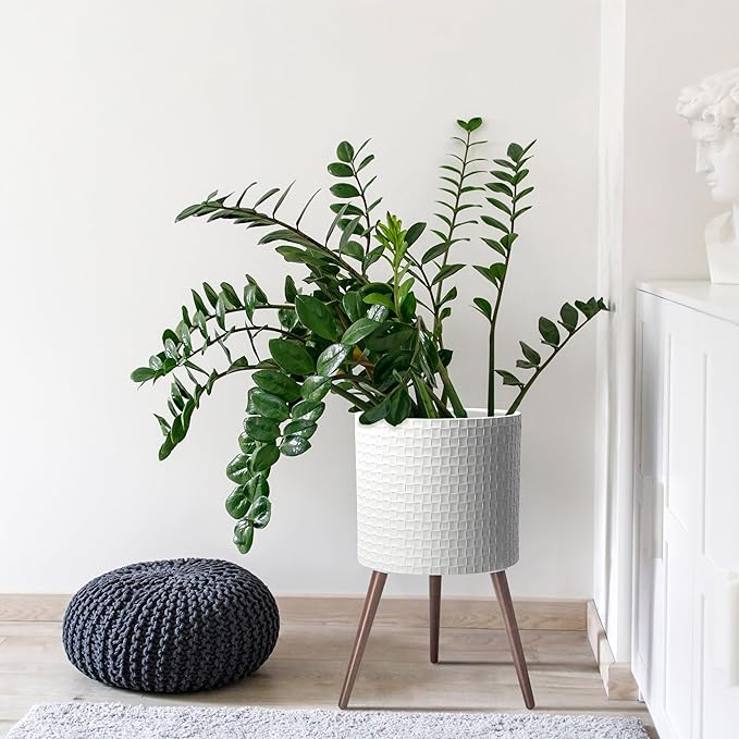 D'vine Dev 16 Inch Modern Geometric Tile Patterned Sleek Planter Pot with Stand, Indoor Outdoor Decorative Plant Holder, Matte White, 88-Z-E-1