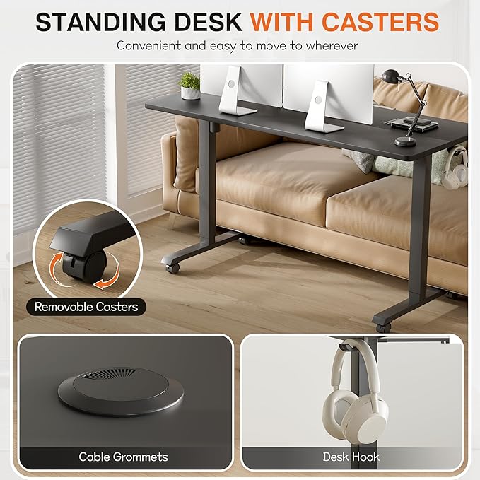 Furmax Electric Standing Desk, 55 x 24 Inches Height Adjustable Desk with Removable Casters, Home Office Computer Desk (Carbon Black)