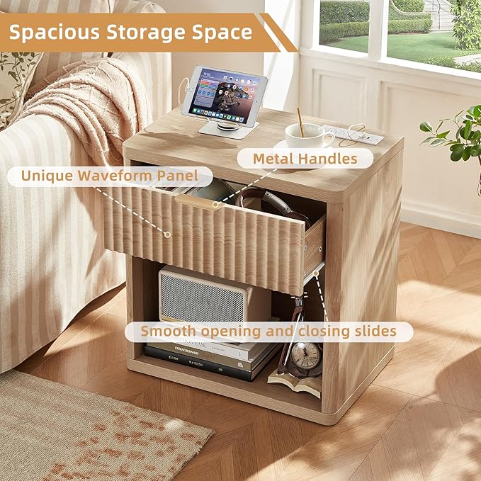 LEYAOYAO Fluted Nightstand with Charging Station, 23" Wide 1 Drawers Night Stand,Natural End Table with Open Storage,Farmhouse Bed Side Tables, Wood Dresser for Bedroom, Living Room, Closet