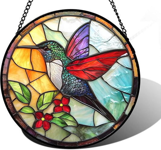 Stained Glass Window Hanging, Hummingbird Gifts Sun Catchers Diamond Glass Panel Hangings Birds Suncatcher Decor for Birthday for Women, Men, Wife, Aunt,and Mom 7.8X7.8IN