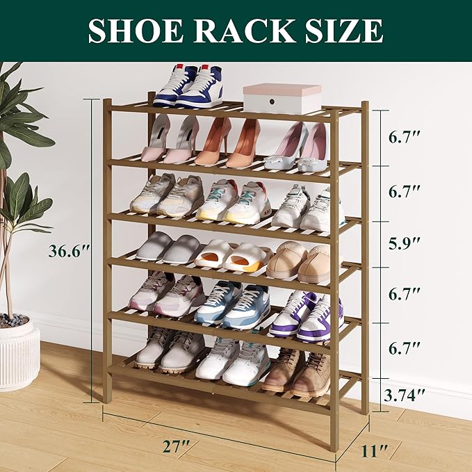 Smiry Bamboo Shoe Rack for Closet, 6 Tier Wooden Stackable Shoe Organizer, Free Standing Shoes Storage Shelf for Entryway, Front Door Entrance, Walnut