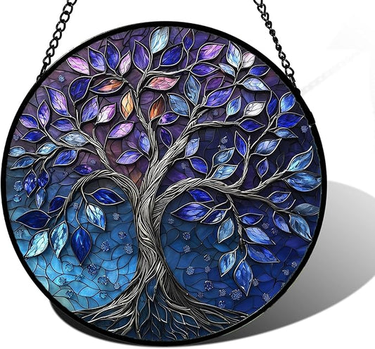 Stained Glass Window Hanging, Blue Purple Tree of Life Sun Catchers Colorful Glass Panel Plants Suncatcher Decor for Birthday for Women,Men,Wife, Lovers, and Mom 6.3 in