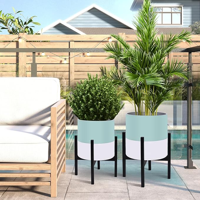 10 & 12 Inches Plant Pots with Stand-Large Indoor Planters with with Drainage Holes,Modern Planting Pots with White and Green Color Matching for Living Room, Office, Garden Or Balcony