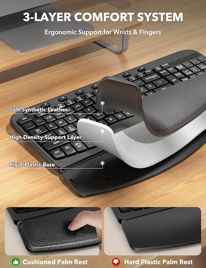 SABLUTE Wireless Keyboard, Ergonomic Wave Keyboards with Cushioned Wrist Rest, 2.4GHz USB Computer Wave Key Board for Windows, Mac, Chrome, PC, Laptop, Tablet - Black Full Size - Teclado Inalámbrico