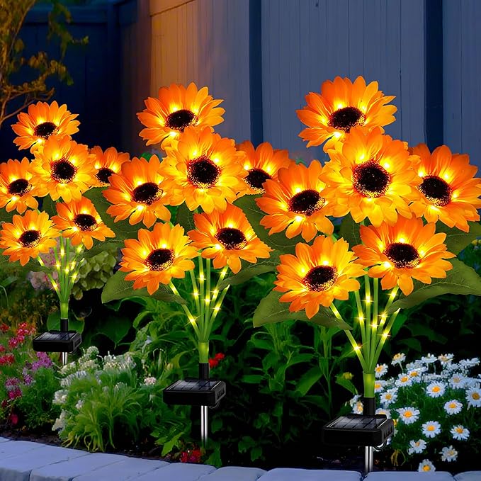 Solar Garden Lights Outdoor, 3 Pack Solar Sunflower Lights with 18 Head 3.4 Inch Flowers, Waterproof Flowers Light Fall Decor Auto ON/Off for Garden Yard Patio Backyard, Gifts for Mom Women
