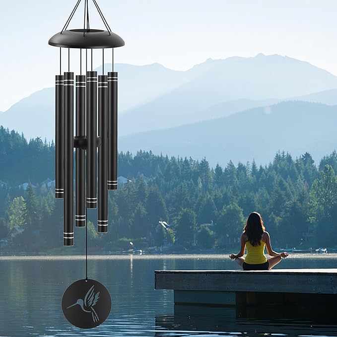 38" Large Metal Wind Chimes for Outside Deep Tone, Memorial Hummingbird Wind Chimes Outdoor with 6 Heavy Tubes for Patio Garden Hanging Décor,Sympathy Gifts, Black