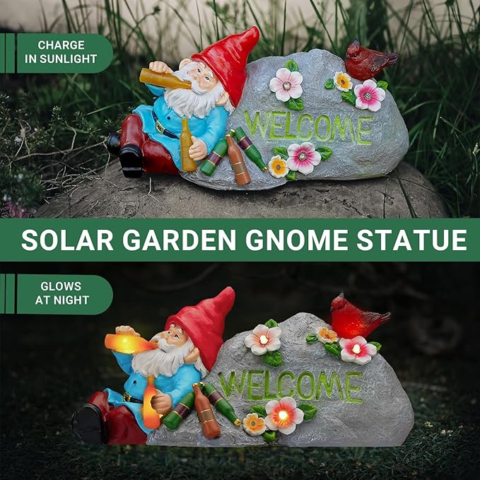 Funny Garden Gnomes Statue with Welcome, Solar Outdoor Gnomes Decorations for Yard, Patio, Lawn, Fathers Day Birthday Housewaming Gifts for Dad, Men, Husband, Grandpa, 11.8 Inch, Resin