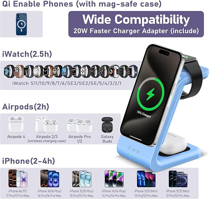 3 in 1 Wireless Charging Station: 5000mAh Removable Power Bank Charger Stand for iPhone/Apple Watch/Airpods - Portable Magnetic Battery Pack for Air 17 16 15 14 13 12 Series Blue