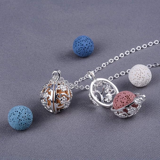 INFUSEU Sakura Tree Aromatherapy Necklace, Essential Oils Diffuser Locket Pendant with 7 PCS Lava Rock Stones and 24" Link Chain