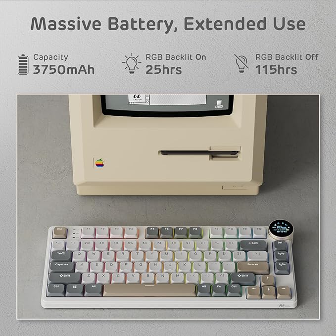 RK ROYAL KLUDGE N80 Low Profile Mechanical Keyboard w/Smart Display Screen & Knob, 75% Top Mount 3-Modes Wireless Mechanical Keyboard, Software Support, Massive Battery, 80 Keys, Tactile Brown Switch