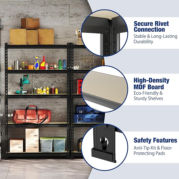 WORKPRO 5-Tier Storage Shelf, 72" H Heavy Duty Adjustable Garage Shelving Unit 2180LBS Capacity, for Basement, Kitchen, Pantry, 35.4”Wx15.7”Dx72”H, Black