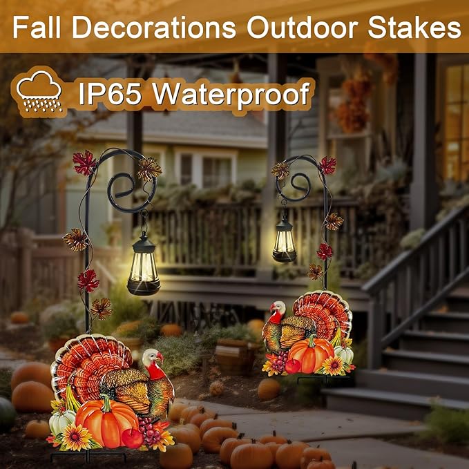 Metal Thanksgiving Turkey Garden Stake with Solar Lantern,Outdoor Fall Decor,Turkdy Yard Sign for Pathway,Patio or Farmhouse Porch