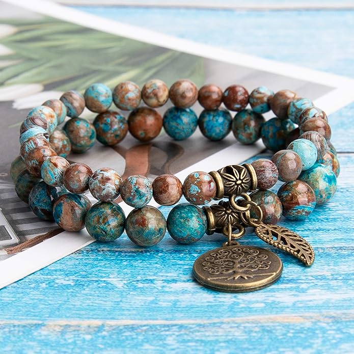 Bivei Natural Semi Precious Gemstone beads bracelet for women - Life Tree and Leaf Charm Energy Reiki Crystal Stretch Bracelets
