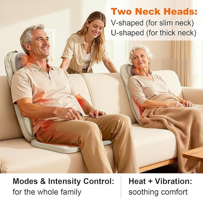 4D Shiatsu Massage Cushion w/Heat - Neck Back Pain Relief, Targets Muscle Stiffness from Long Sitting - Kneading, Vibration Technology & Dual Necks Heads Design for Office Chair, Home, Beige