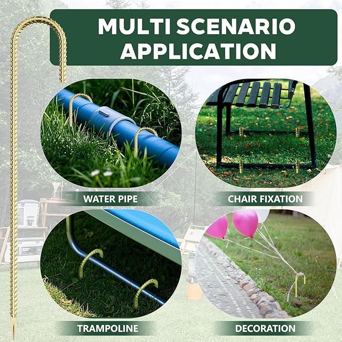 20 Pieces 12 Inch Long 1/4In Diameter Heavy Duty J Hooks,Heavy Duty Rebar Metal Fence Ground Garden Tent Stakes,Ground Spikes Anchors for Fencing,Outdoor Chicken Wire Trellis Stakes,Anti-Rust Golden