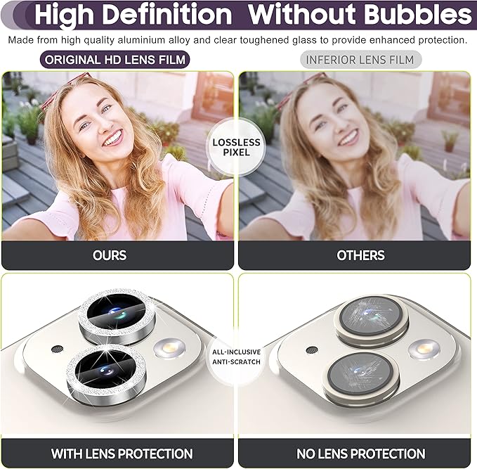 Suoman for iPhone 14 6.1 inch / 14 Plus 6.7 inch Camera Lens Protector, 9H Tempered Glass Film, Metal Frosted Independent Protective Cover [Glitter Diamonds]- Silver