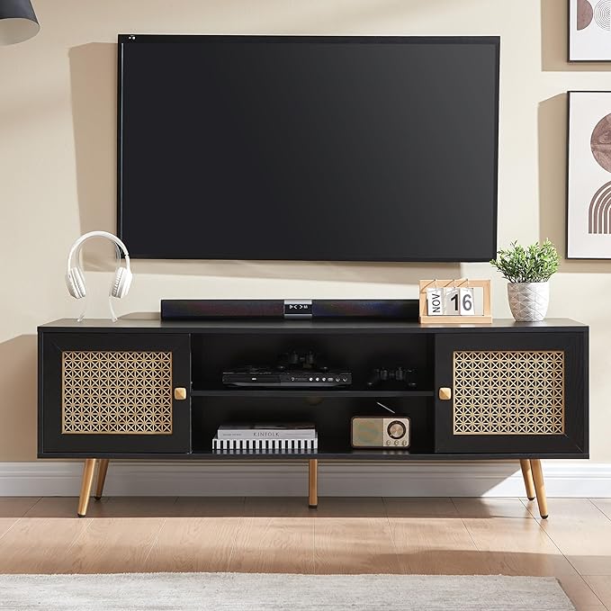 Mid Century Modern TV Stand for 65 inch TV, Entertainment Center with Storage, Metal Mesh Decorated Cabinet Doors for Living Room, Black
