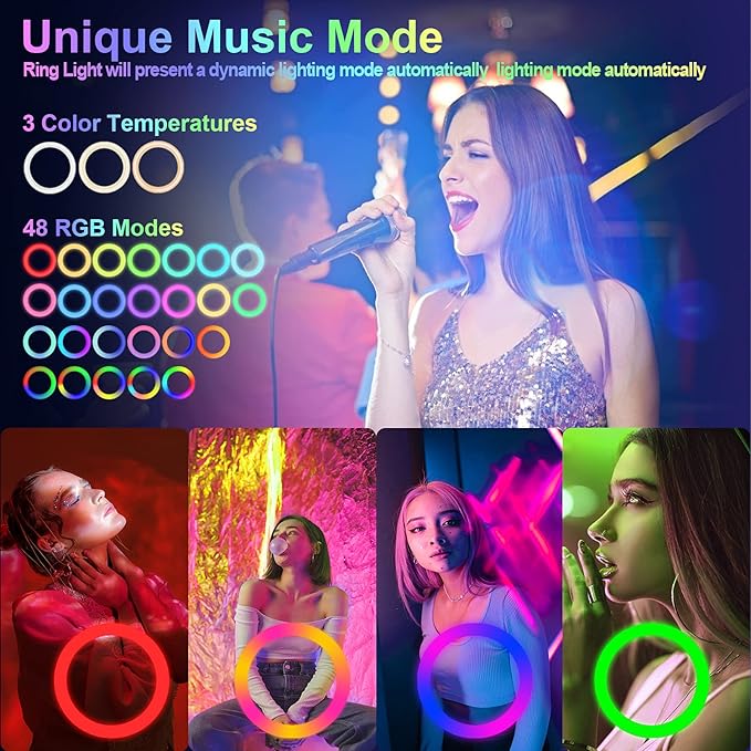 13" Selfie Ring Light with 76" Tripod Stand & 3 Phone Holder, LED Camera Ringlight with 48 RGB Colors Modes & Musical Rhythm Mode and 12 Brightness Dimmable for Makeup/Photography/Videos/Vlog/TikTok