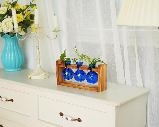 Kingbuy Glass Plant Terrarium Propagation Station - 3 Bulb Colored Vases with Retro Wood Stand Indoor Garden Planter - Wall Mounted & Desktop Decor for Home Kitchen Wedding, Gift for Plant Lover, Blue
