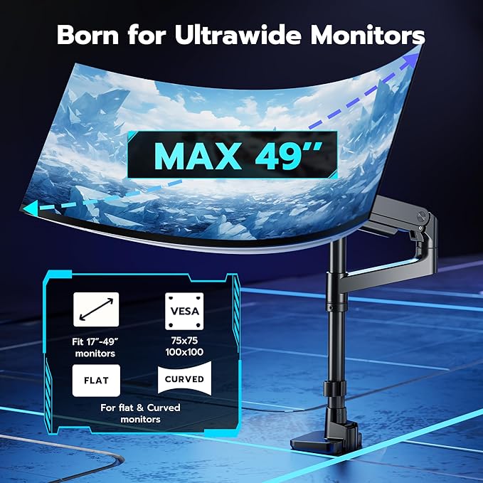 ARES WING Heavy-Duty Monitor Mount for 17-49 inches Ultrawide Curved Flat Monitors, Holds 44lbs, with 18" Extended Column for Desk, Adjustable Gas Spring, Black