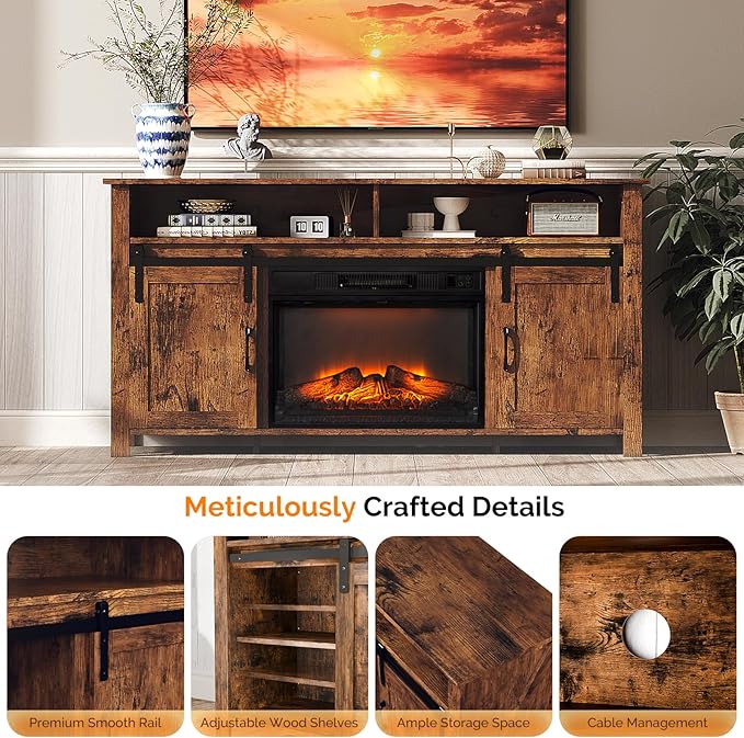 VINGLI Fireplace TV Stand with Sliding Barn Door for 70 Inch TV, Farmhouse Entertainment Center with 23" Fireplace, Media Console Table with Storage Cabinets for Living Room, Rustic Brown