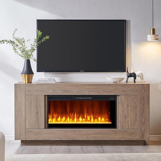 OKD Modern 70" Fireplace TV Stand with 36" Electric Fireplace, Entertainment Center for TVs Up to 80", Media Console with Side Cabinets, Thick Wood Design for Living Room, Alder Grey