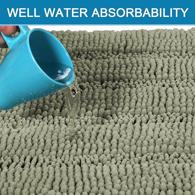 H.VERSAILTEX Bath Rugs for Bathroom Non Slip Bath Mats Thick Chenille Striped Bath Rug Runners 47" x 17" Absorbent Fluffy Soft Shaggy Mats Dry Fast Plush Area Carpet for Bath Room - Eucalyptus Green