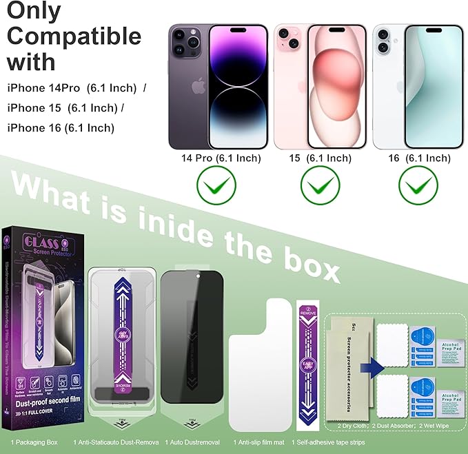 2 Pack Privacy Screen Protector for iPhone 16/15/14 Pro 6.1-Inch Auto Dust Removal, No Bubbles, Anti-Spy Tempered Glass Film, Easy Installation