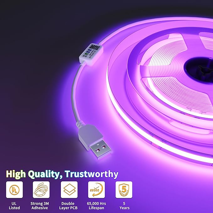 PAUTIX 5V USB COB RGB LED Strip Light 9.84ft/3m Color Changing Light Strips,TV Backlight Multicolor Flexible Under Cabinet Tape Lights with Bluetooth Control for Bedroom,Kitchen,Home DIY Lighting
