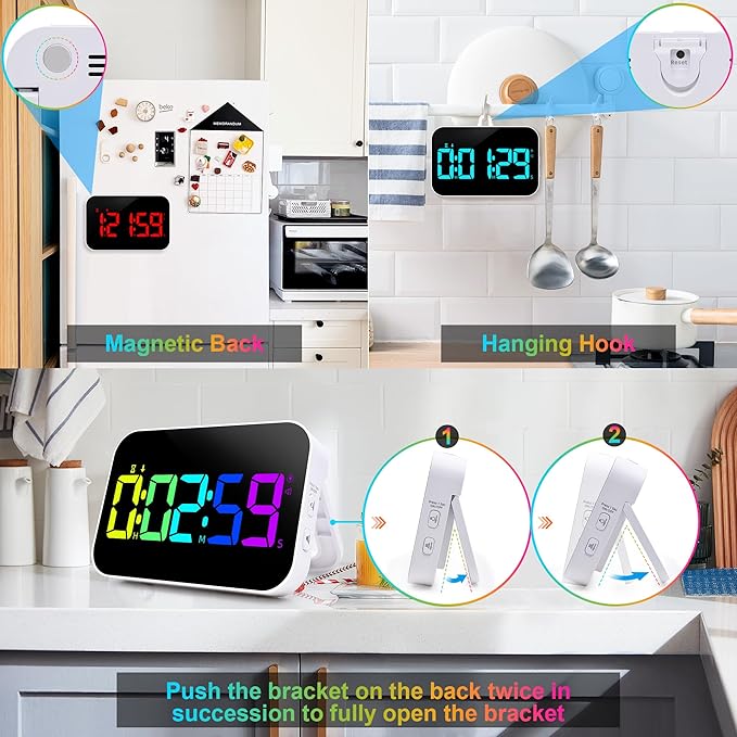 Digital Kitchen Timer, 10 RGB Color Rechargeable Magnetic Timer for Cooking with Count Down Up, 5”LED Large Display, Kids Timers for Classroom Home Office Gym Work Study Fitness Game