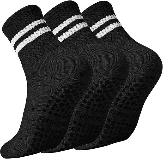 Pilates Socks with Grips for Women Grippy Non Slip Crew Socks for Yoga Barre Hospital Striped 3 Pairs