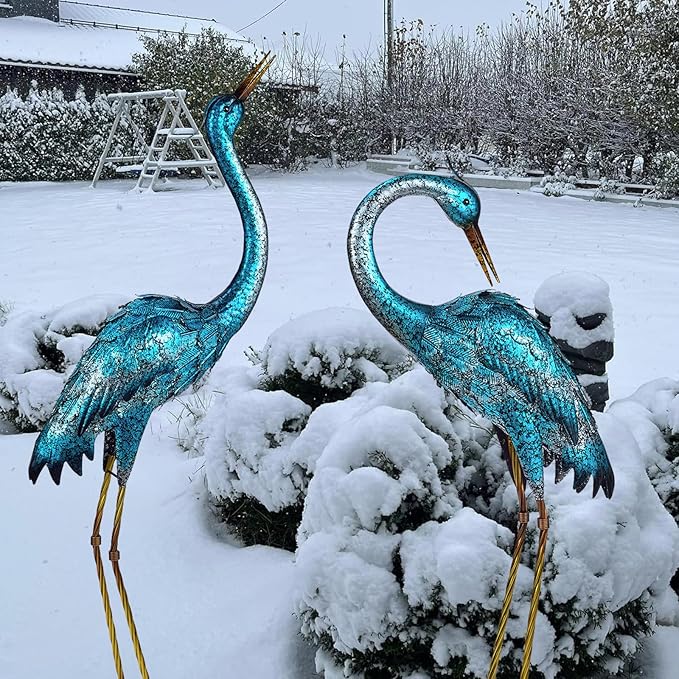 Kircust Garden Sculpture & Statues, Blue Heron Lawn Ornaments Standing Metal Crane Yard Art Large Size Bird Decoy for Outdoor Lawn Backyard Porch Patio Decoration, Set of 2