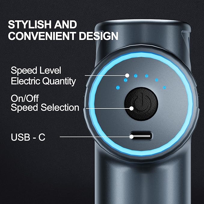 Mini Massage Gun, Compact Deep Tissue Massager, 6 Speeds, 4 Heads, Ideal Gift for Men & Women (Blue)