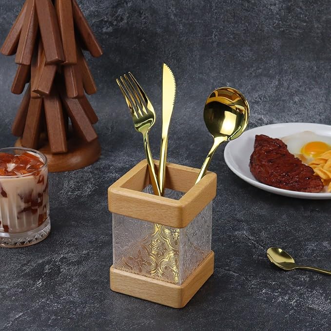 MultiBey Beech Wooden Pencil Holder, Clear Acrylic Wood Pen Holder, Modern Pencil Cup Organizer Stand Wood Desk Accessory Organizer for School Office Home Supplies