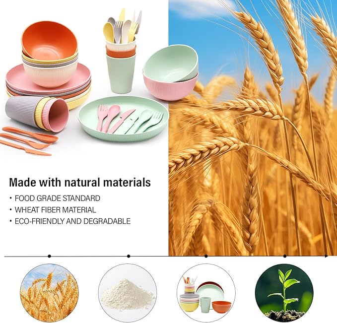36pcs Wheat Straw Dinnerware Sets, Unbreakable Reusable Kitchen Cups Plates and Bowls Sets, Dishwasher and Microwave Safe Kitchenware Dishes Set for Home, Office, Travel,Picnic (Colorful 2)