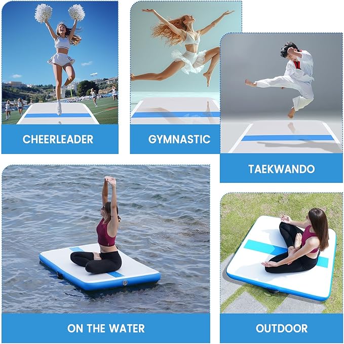 Tuxedo Sailor Inflatable Gymnastics Mat with Electric Pump, Storage Bag, Repair Kit–Air Mat for Home Training, Cheerleading, Yoga