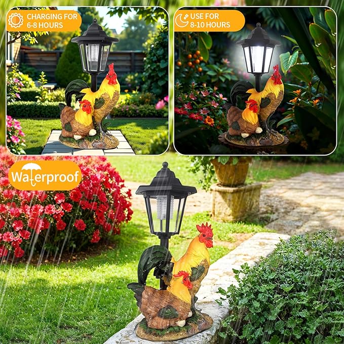 Solar Rooster Decor Outdoor, Chicken Figurines Decorations with Lantern for Outside Patio Yard Backyard Gifts for Mother's Day Birthday Housewarming