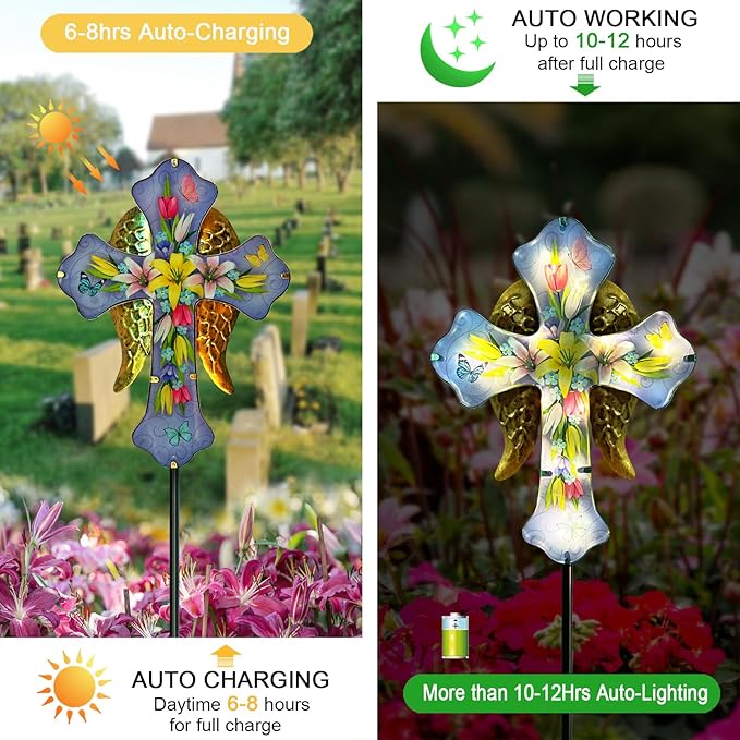 Solar Cross Garden Stake Lights for Outdoor Garden,Cemetery,and Yard Decor,Angel Wings Cross Solar Christmas Lights Outdoor,Memorial Gifts Lily