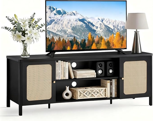 Rattan TV Stand for TVs up to 75'' Boho Entertainment Center with Adjustable Shelf Television Stand with 2 Storage Cabinets Media Console Wooden TV Cabinet for Living Room Bedroom,Black
