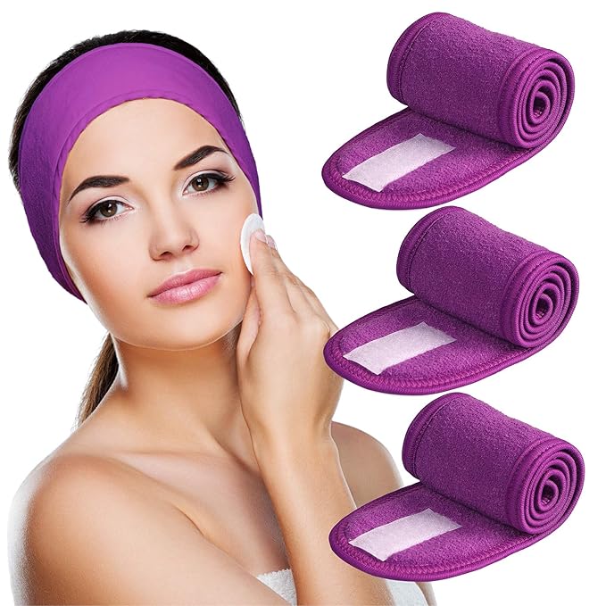 Denfany Spa Headband 3 Pack Ultra Soft Adjustable Face Wash Headband for Face Washing, Shower, Makeup and Sport (purple)