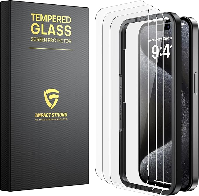 ImpactStrong Shatterproof Tempered Glass Screen Protector for iPhone 15 Pro [Easy Installation Frame] [Bubble Free] [9H Hardness] [Full Coverage] Case Friendly, 6.1 Inch - (3-Pack)