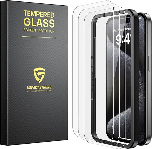 ImpactStrong Shatterproof Tempered Glass Screen Protector for iPhone 15 Pro [Easy Installation Frame] [Bubble Free] [9H Hardness] [Full Coverage] Case Friendly, 6.1 Inch - (3-Pack)