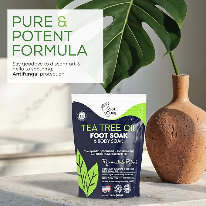 Tea Tree Oil Foot Soak with Epsom Salt - For Toenail Repair, Athletes Foot, Softens Calluses, Soothes Sore & Tired Feet, Nail Discoloration, odor Scent, Spa Pedicure Care - Made in USA 16 oz