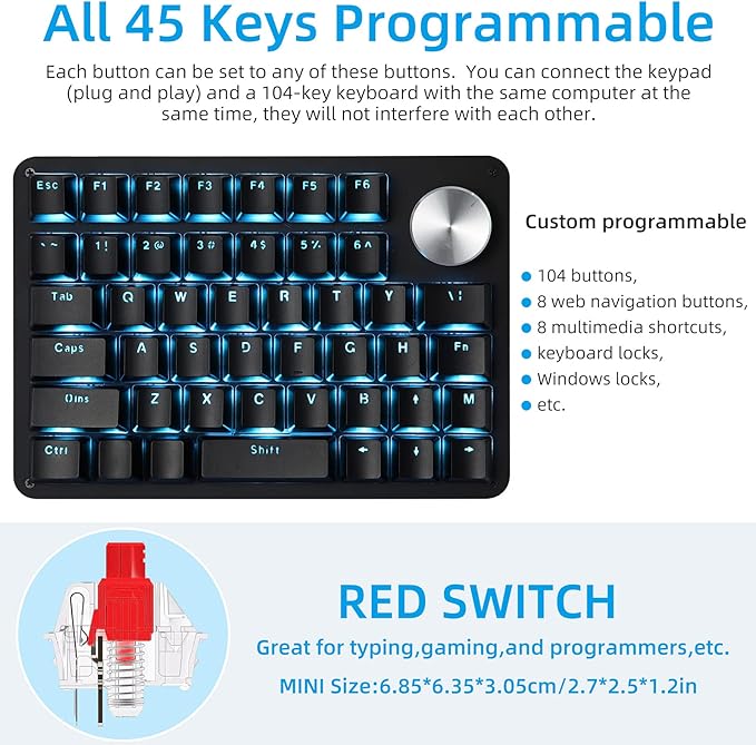 Koolertron One Handed Mechanical Gaming Keyboard with 24 Macro Keys, 45-Key Fully Programmable Mini Keypad, Blue Backlit/Red Switches for Windows PC Gamers