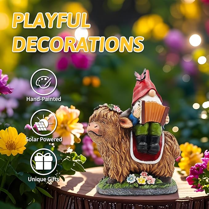 Garden Gnomes Outdoor Statues: 8'' Solar Light Gnome Decor on Highland Cow Play The Accordion Unique Birthday Gifts for Women Mother Grandma