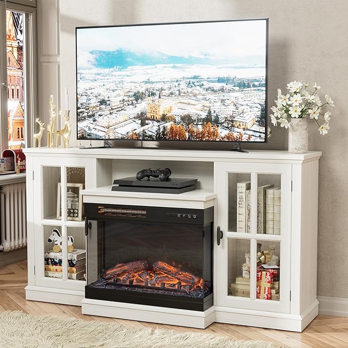 JUMMICO Fireplace TV Stand for TVs up to 65'', 3-Sided Glass Media Entertainment Center Console Table with Cabniet Storage Adjustable Flame LED Color for Living Room (Distressed White)
