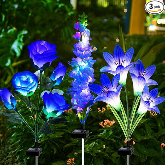 Solar Garden Lights Waterproof, 3 Pack Solar Flowers Lights Includes Lily Rose Delphinium, Gardening Gifts for Mom Grandma Women,7-Color Changing Outdoor Decor for Garden Yard Patio Lawn