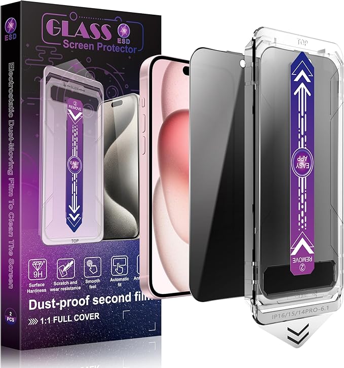 2 Pack Privacy Screen Protector for iPhone 16/15/14 Pro 6.1-Inch Auto Dust Removal, No Bubbles, Anti-Spy Tempered Glass Film, Easy Installation