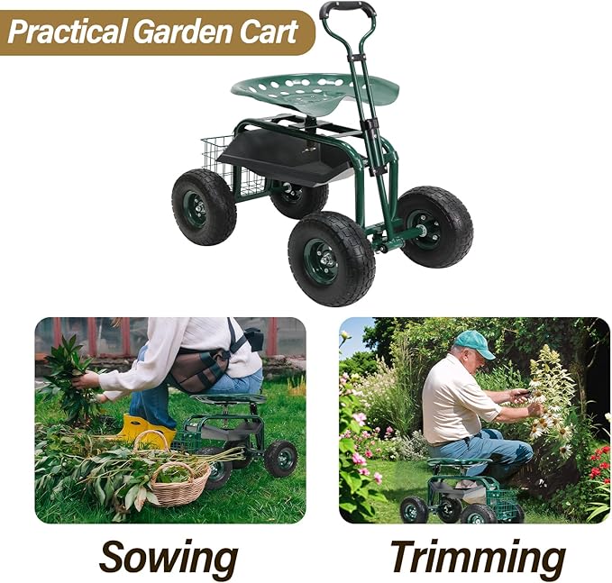 BDL Garden Cart Outdoor Rolling Garden Workseat with Wheels, Heavy Duty Garden Tool Cart with Extendable Handle and Storage for Seniors Yard Gardening Work