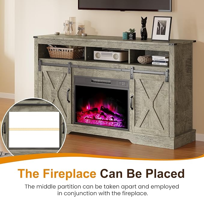 RoyalCraft Farmhouse Fireplace TV Stand for 65+ Inch TV, Entertainment Center with 23" Electric Fireplace with Remote, 34" Modern Rustic TV Console with Sliding Bar Door for Living Room, Light Grey